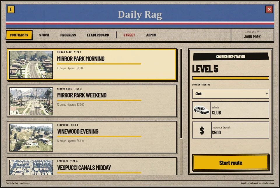 Paperboy contracts screen showing delivery routes and courier reputation